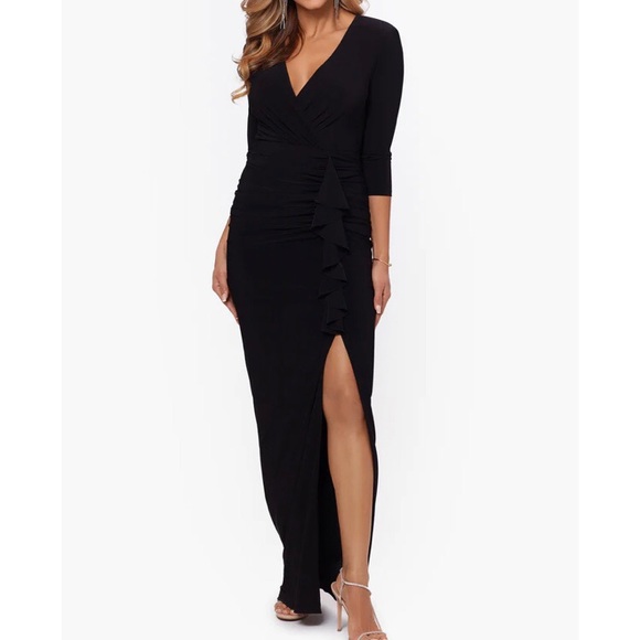 NWT Betsy and Adam Aubree Ruched Ruffle Long Sleeve V Neck Jersey Wrap Gown - Picture 11 of 16